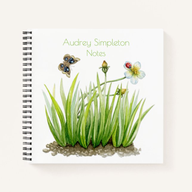 Carnet Jardin à l'aquarelle Fleur Papillon Herbe Carré | (Devant)