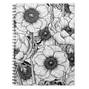 Carnet Jardin d'anémones en noir et blanc