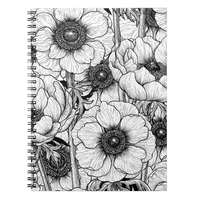 Carnet Jardin d'anémones en noir et blanc (Devant)