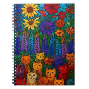 Carnet Jardin de chats Art de chat en vitrail avec des fl