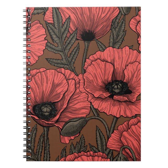 Carnet Jardin de coquelicot dans le corail et brun (Devant)