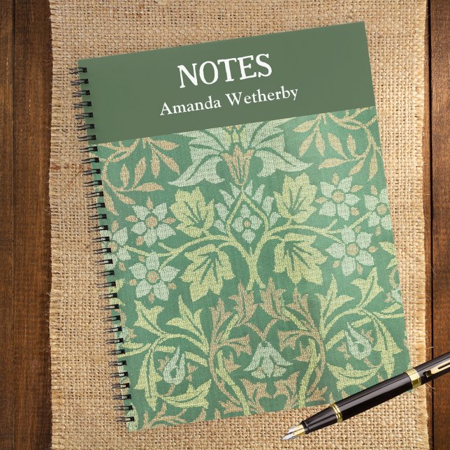 Carnet Jardin de fleurs William Morris personnalisé vert (A stylish personalized notebook featuring a pattern 'Flower Garden' by William Morris)