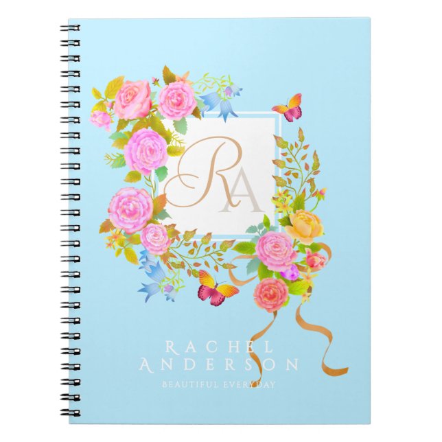 Carnet Jardin fleuri romantique monogramme bleu  (Devant)