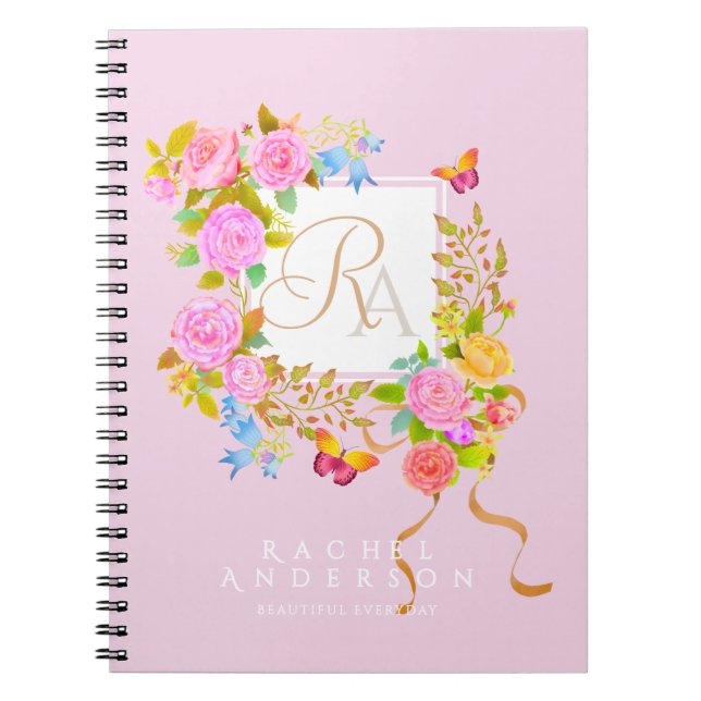 Carnet Jardin fleuri romantique monogramme jaune (Devant)