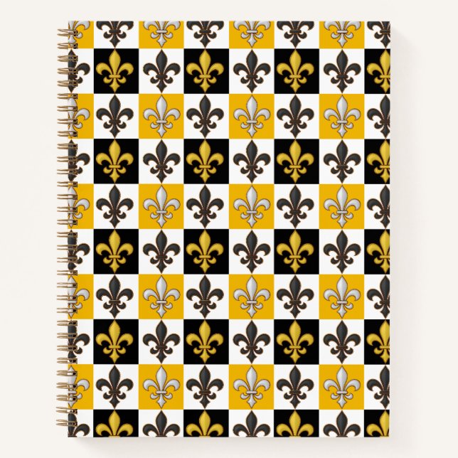 Carnet Jaune Blanc À damiers Fleur de lis Design (Devant)