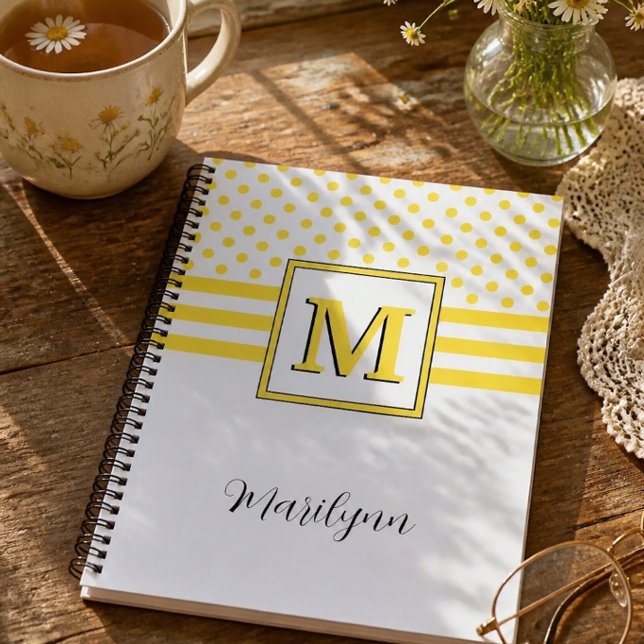 Carnet Jaune Gai Monogramme Nom Points Polka Rayé (Créateur téléchargé)