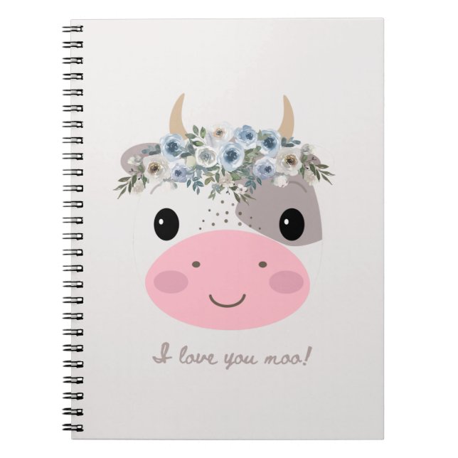 Carnet Je t'aime moo ! Vache mignonne avec couronne de fl (Devant)