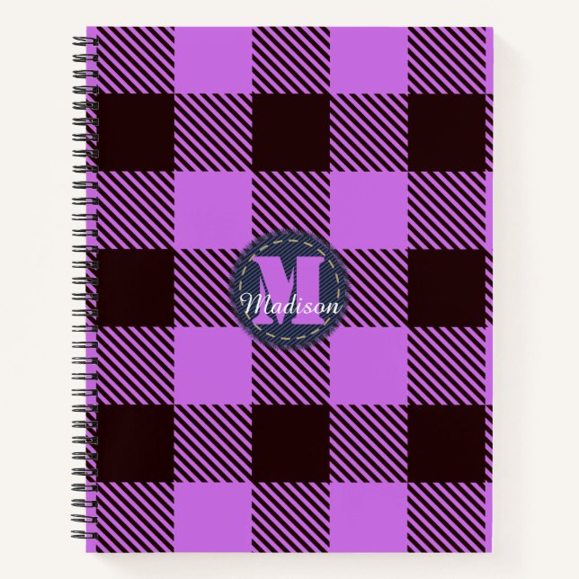 Carnet Jeans Tartan Noir Orchidée moderne Nom du monogram (Devant)