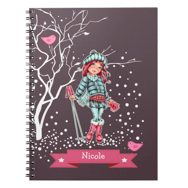 Carnet Jeune fille skieuse | Nom personnalisé Cadeau de N (Devant)