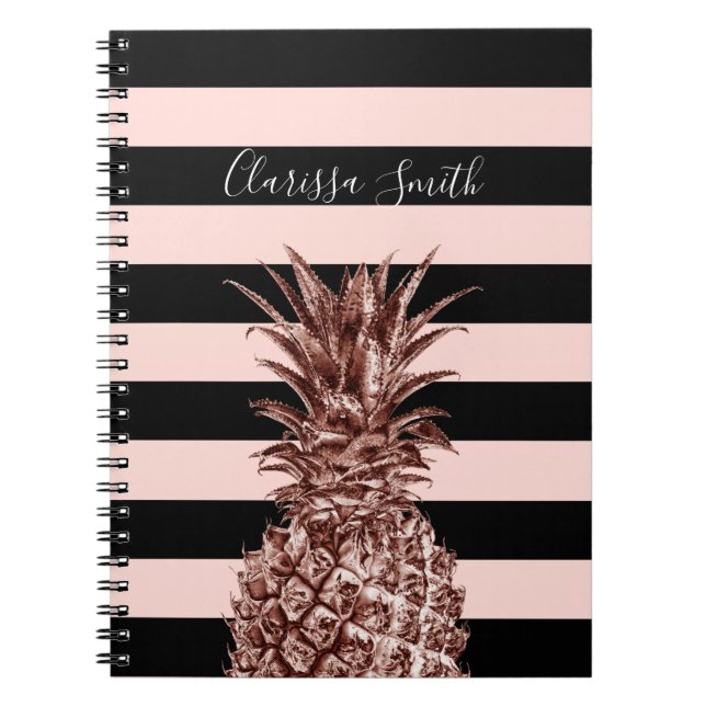 Carnet Joli ananas rose élégant d'or et rayure rose (Devant)