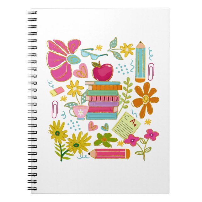 Carnet Joli Art Doodle d'enseignant – Livres, fleurs et é (Devant)