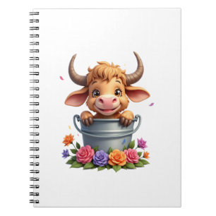 Carnet Joli bébé vache des Highlands avec fleurs Veau Ani