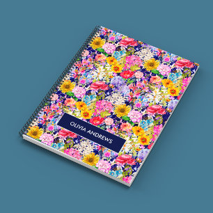 Carnet Joli bleu jaune élégant motif floral monogramme
