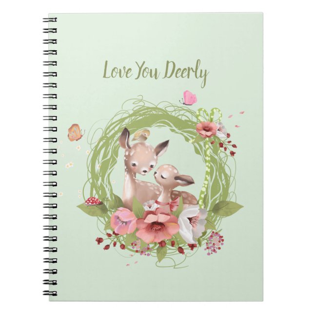 Carnet Joli cerf de bois vert rose floral (Devant)