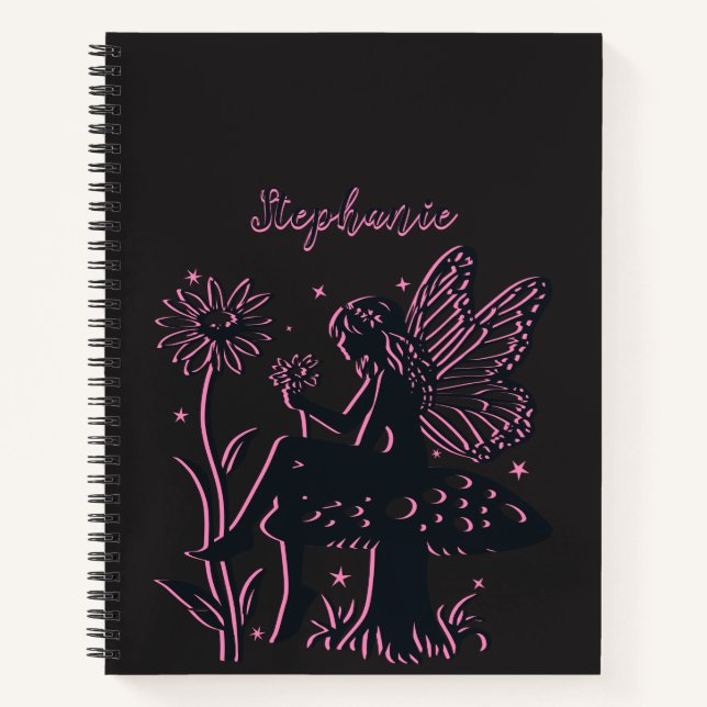 Carnet Joli champignon et fleur de fée noir et rose (Devant)