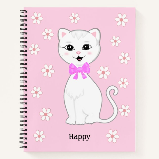 Carnet Joli Chat Blanc & Fleurs sur Rose Clair (Devant)