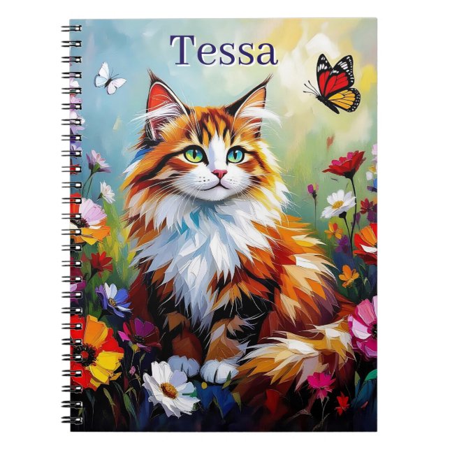Carnet Joli Chat Fantaisiste, Fleurs et Papillons (Devant)
