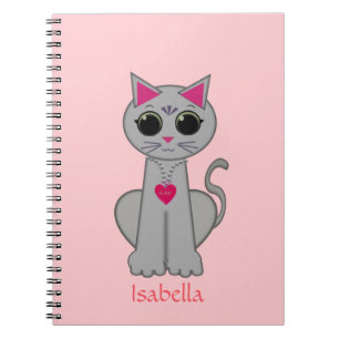 Carnet Joli chat gris & calligraphie de nom sur rose