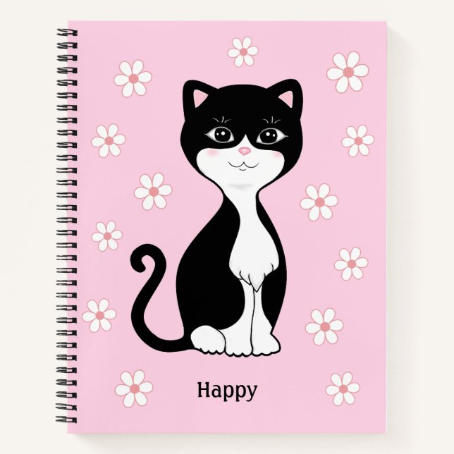 Carnet Joli chat smoking & fleurs sur fond rose clair (Devant)