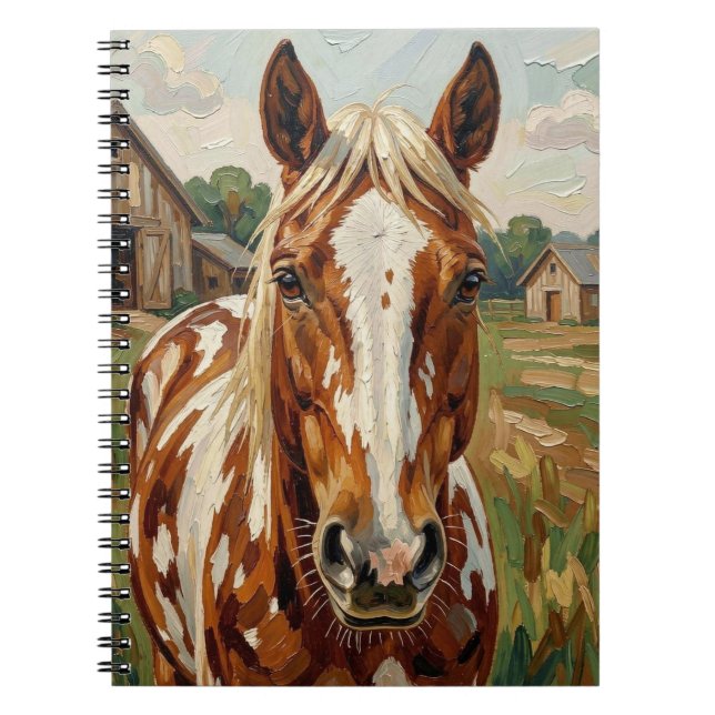 Carnet Joli cheval brun et blanc dans une ferme rustique (Devant)