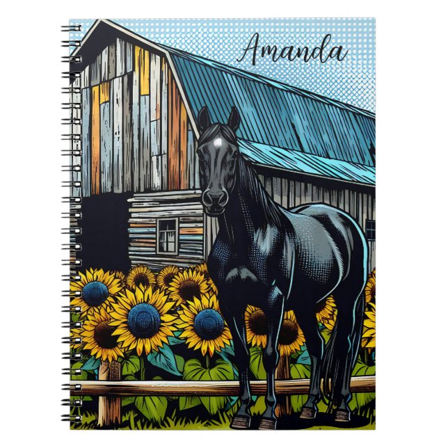 Carnet Joli Cheval noir et tournesols Personnalisé (Devant)