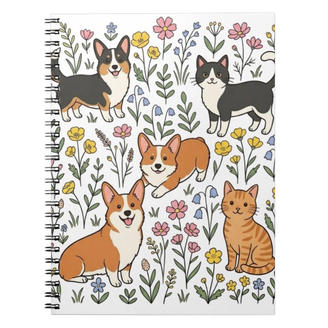 Carnet Joli corgi chat fleur sauvage (Devant)