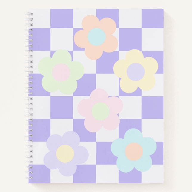 Carnet Joli damier violet et fleurs pastel (Devant)