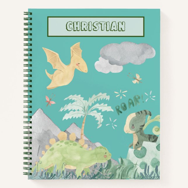 Carnet Joli dinosaure aquarelle sarcelle claire (Devant)