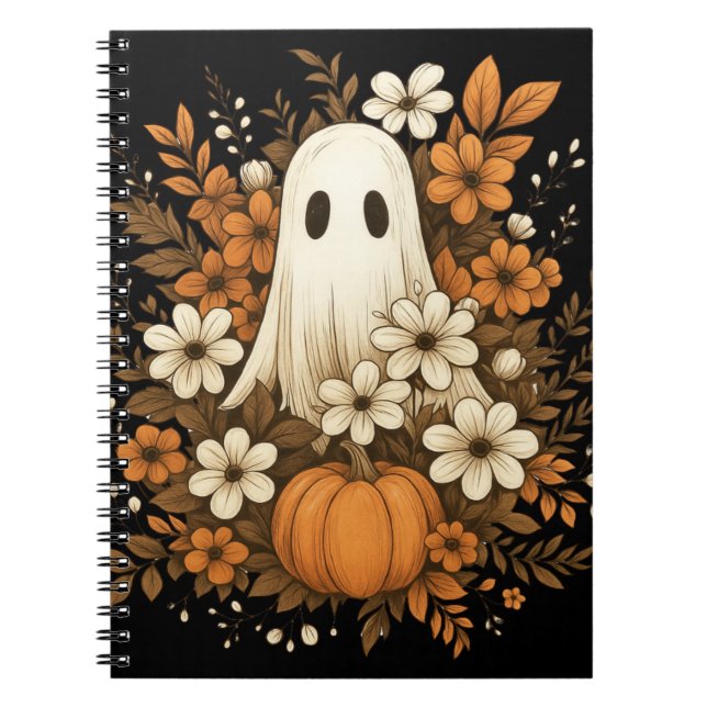 Carnet Joli Fantôme avec Citrouille et Fleurs d'Automne – (Devant)