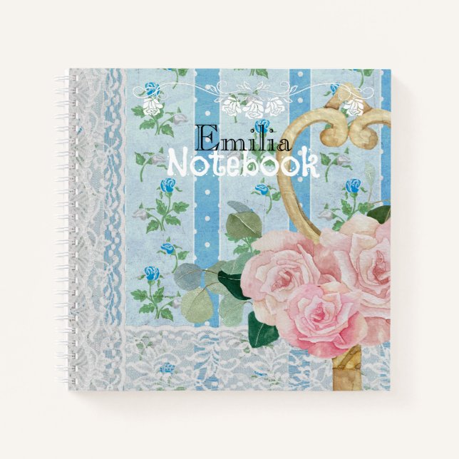 Carnet Joli fond floral vintage monogramme bleu (Devant)