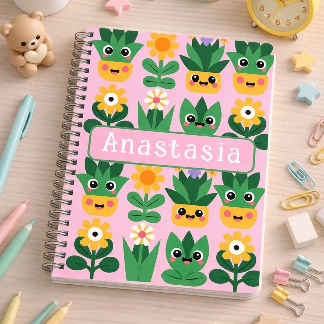 Carnet Joli imprimé de plante en pot personnalisable (Cute, fun Kawaii inspired pot plant design.)