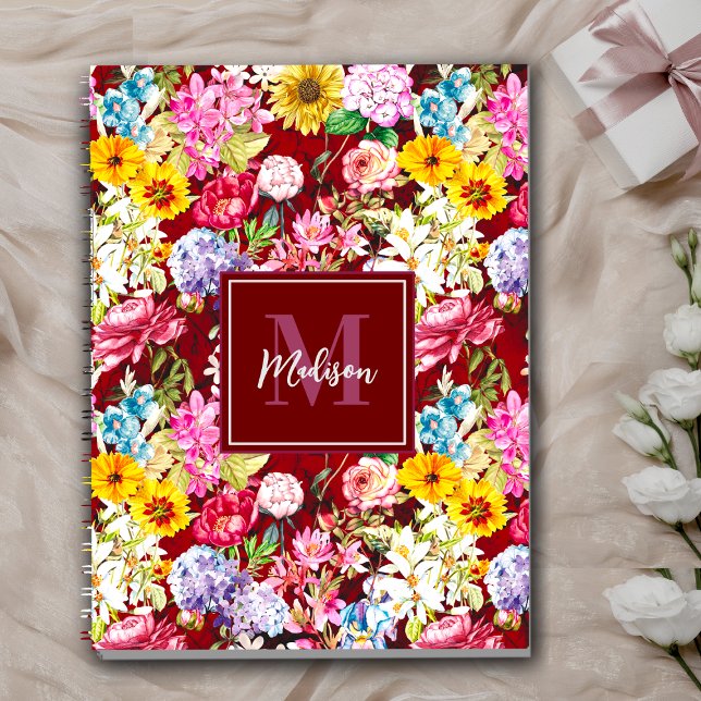 Carnet Joli jaune rouge élégant monogramme floral (Créateur téléchargé)