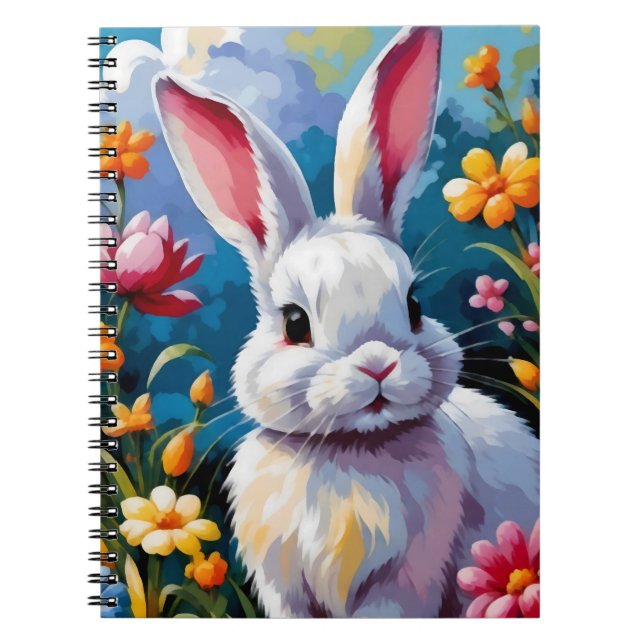 Carnet Joli Lapin Blanc Entouré de Fleurs Vibrantes (Devant)