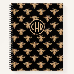 Carnet Joli Monogramme D'Abeille Reine Noir Et Or