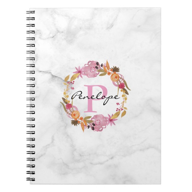 Carnet Joli Monogramme de couronne de fleurs rose (Devant)