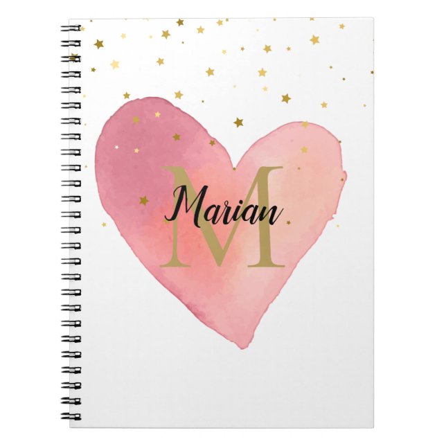Carnet Joli monogramme de nom de cœur aquarelle rose (Devant)