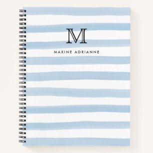 Carnet Joli monogramme de nom en rayures aquarelles bleu
