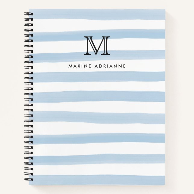 Carnet Joli monogramme de nom en rayures aquarelles bleu  (Devant)