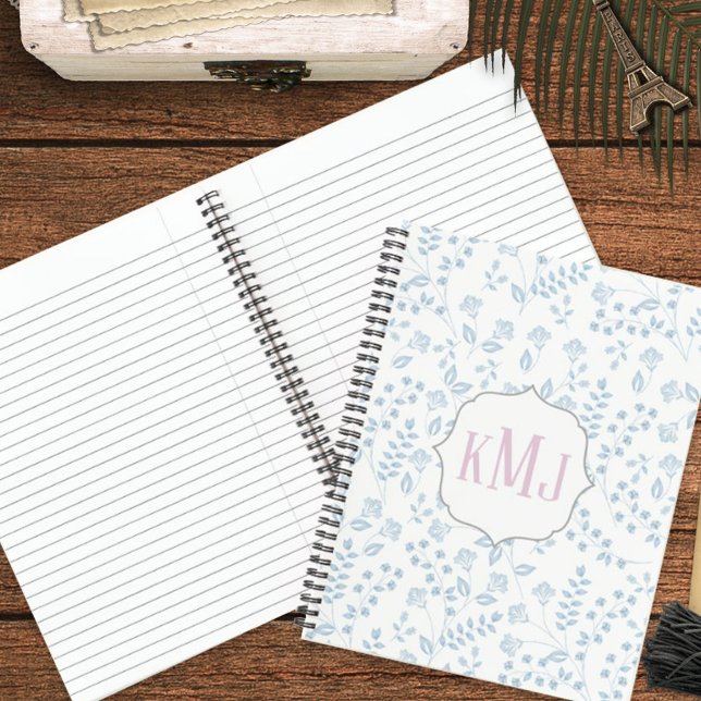 Carnet Joli Monogramme Élégant Bleu Simple Floral (Créateur téléchargé)
