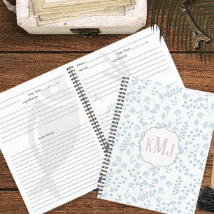 Carnet Joli Monogramme Elégant Simple Blue Floral Recette