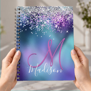 Carnet Joli monogramme fausse brillance turquoise violet