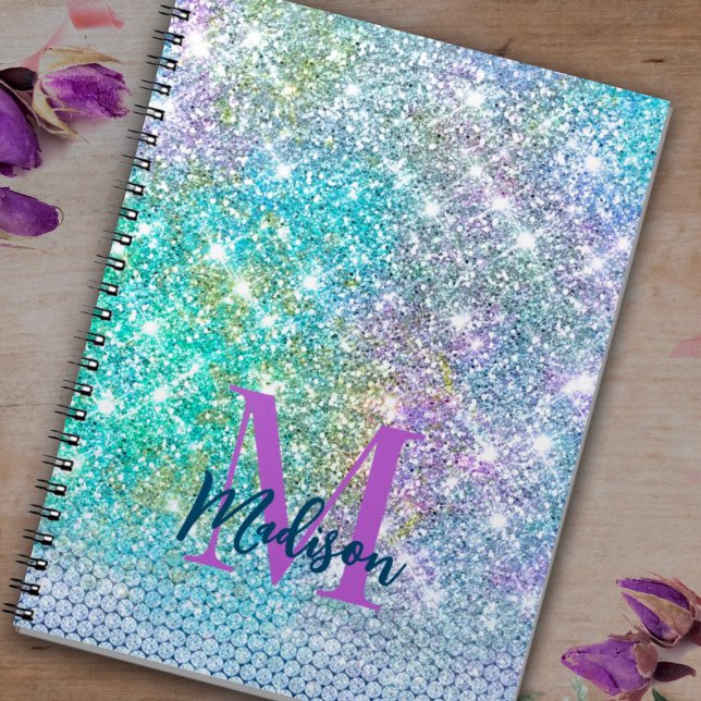 Carnet Joli monogramme faux paillettes licorne turquoise (Créateur téléchargé)