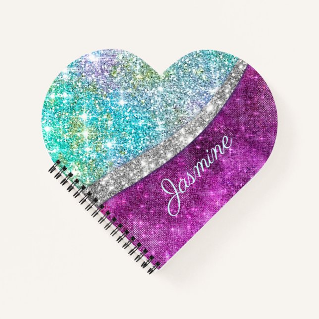 Carnet Joli monogramme iridescent faux pailleté sarcelle  (Devant)
