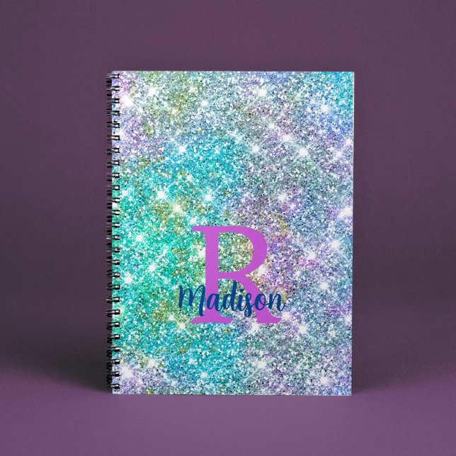Carnet Joli monogramme iridescent licorne bleu faux paill (Créateur téléchargé)