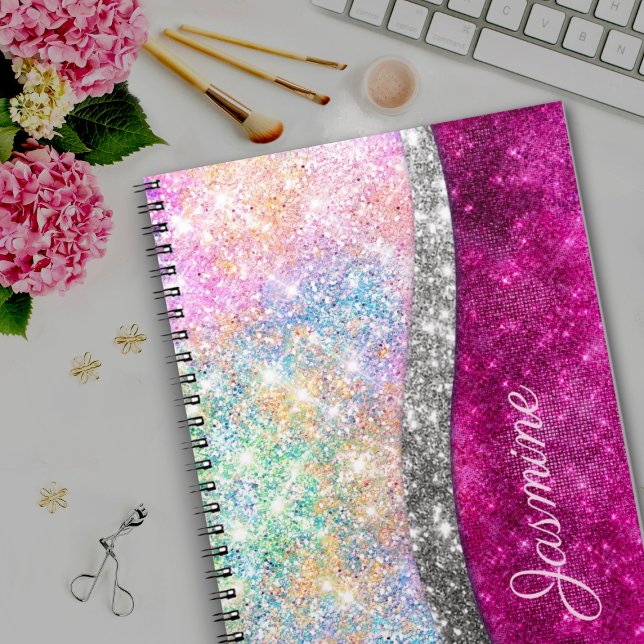 Carnet Joli monogramme iridescent rose argent faux paille (Créateur téléchargé)