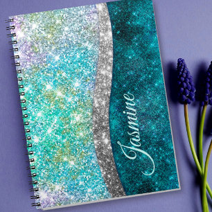 Carnet Joli monogramme iridescent turquoise faux pailleté