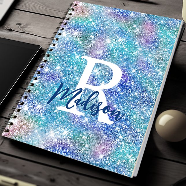 Carnet Joli monogramme licorne iridescent paillettes bleu (Créateur téléchargé)