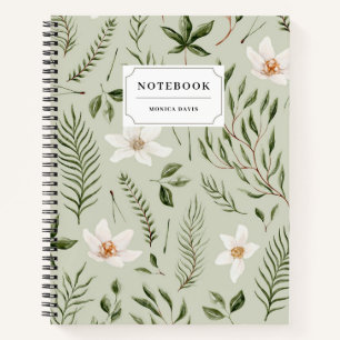 Carnet Joli Motif botanique vert floral or blanc