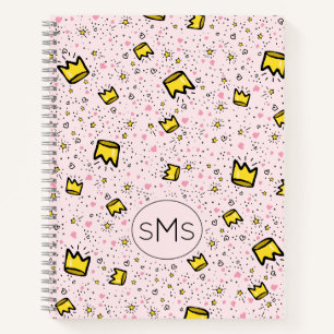 Carnet Joli motif de monogramme couronne gribouillée rose
