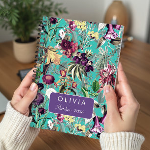 Carnet Joli motif de monogramme de feuilles florales aqua
